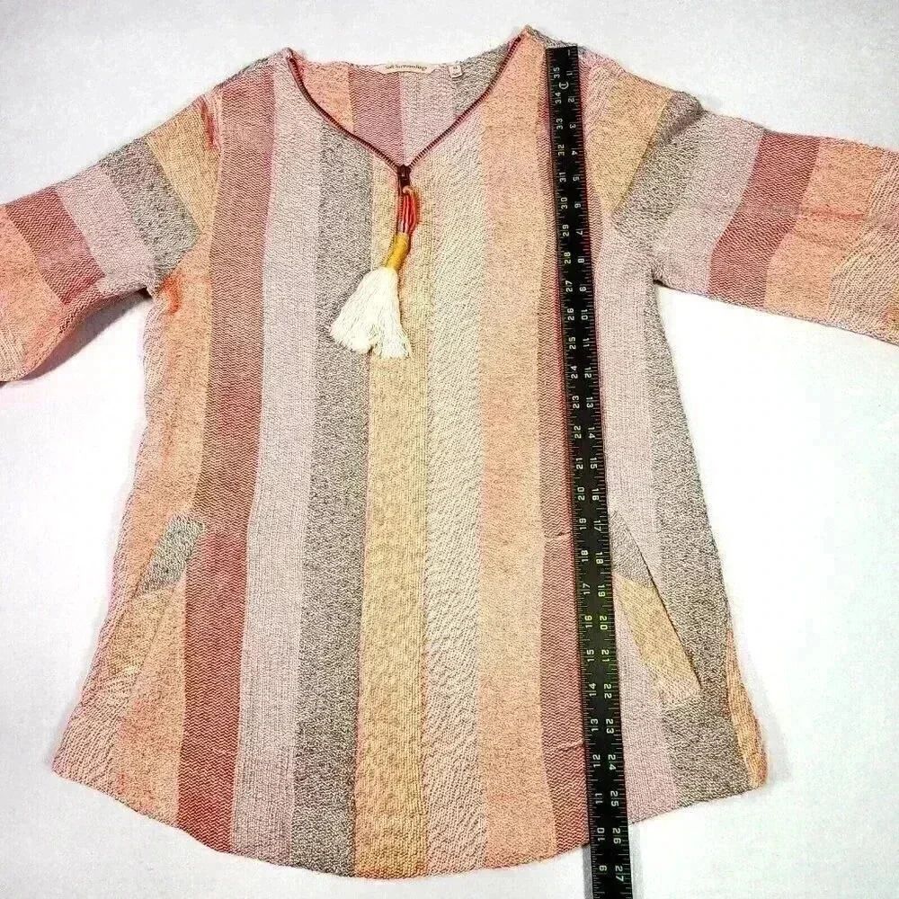 Soft Surrondings Women's Meca Tunic XS Pockets Coral/Lavender Stripes Tassel Zip - Picture 12 of 14